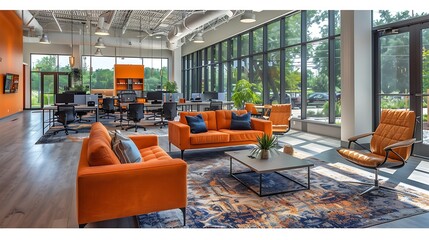 A dynamic co-working environment with diverse seating like shared desks, private workstations, and lounge areas, vibrant decor, community zones for collaboration,