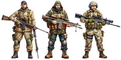 Fototapeta premium snipers Fictional Person isolated on white background. AI GENERATED