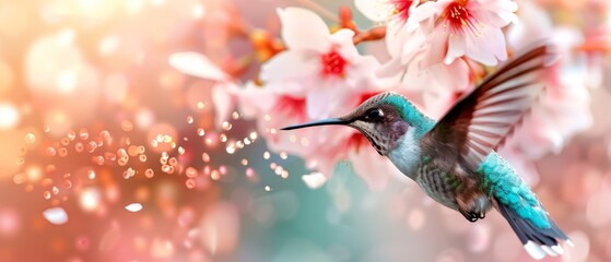Fototapeta premium A hummingbird hovers before pink-white flower cluster, bejeweled with water droplets on its wings