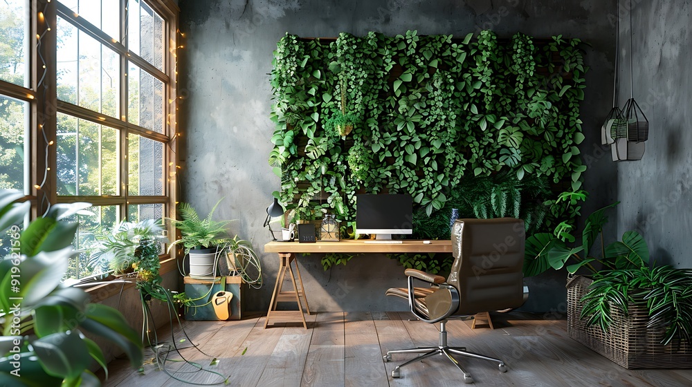 Wall mural A green office with eco-friendly furniture, indoor plants, and sustainable materials, featuring a reclaimed wood desk, ergonomic chair, and recycled decor, large windows for natural light,