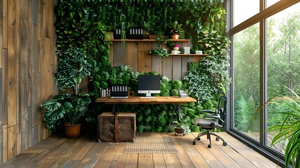 A green office with eco-friendly furniture, indoor plants, and sustainable materials, featuring a reclaimed wood desk, ergonomic chair, and recycled decor, large windows for natural light,