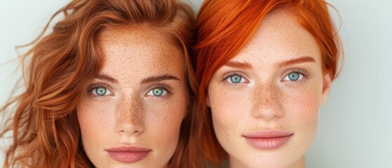  A tight shot of two women with freckles dotting their faces One woman additionally sports freckles on her head