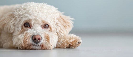  A tight shot of a dog resting on the floor, its head down and gaze directed toward the camera