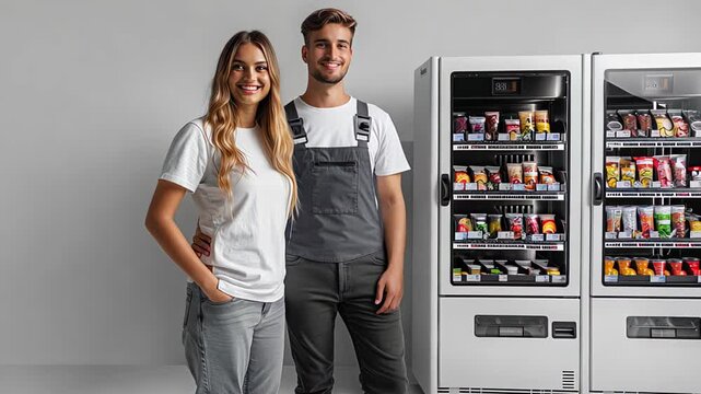 Two young men in work clothes stand next to a vending machine selling snacks and drinks