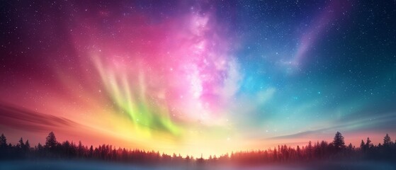 Obraz premium A colorful aurora borealis in the sky with trees in the foreground and a lake beneath