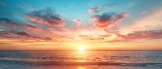 Fototapeta premium The sun sets over the ocean, clouds scatter the sky, a surfboard lies on the beach in the foreground