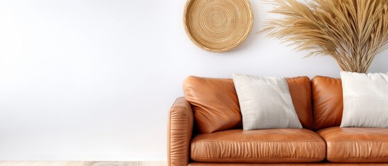  A brown leather couch rests in a living room against a wall A plant and two white pillows adorn the top