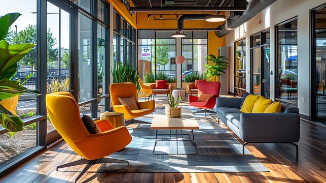 A lively co-working space with diverse seating choices like communal tables, private pods, and lounge chairs, vibrant and modern decor, community zones for networking,