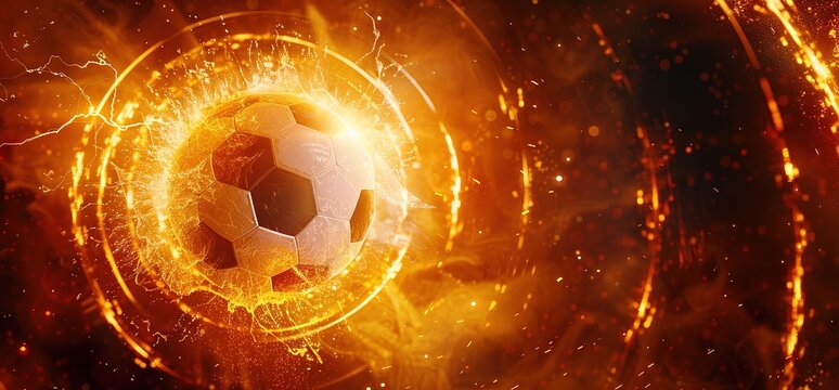 A soccer ball surrounded by a fiery ring, sparks and energy. The image is a dynamic and energetic representation of the sport.