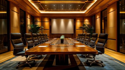 A luxurious corporate boardroom with a long wooden conference table, high-back leather chairs, advanced presentation tools including a large screen and video conferencing equipment, modern decor,
