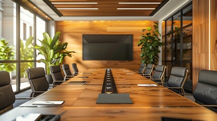A luxurious corporate boardroom with a long wooden conference table, high-back leather chairs, advanced presentation tools including a large screen and video conferencing equipment, modern decor,