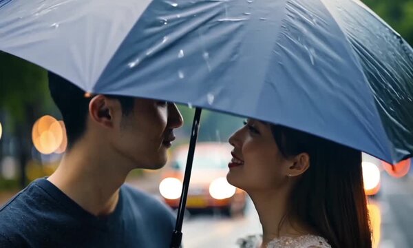 Romantic Asian Couple Sharing an Umbrella on a Rainy City Evening