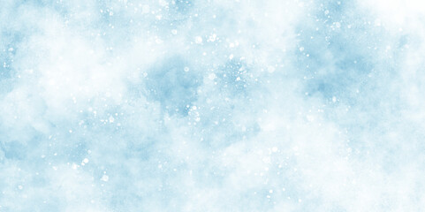 A winter background with snowflakes and randomized floating bokeh, blue snow background with clouds, light blue bokeh background for design, beautiful blue watercolor background with glitter particle.