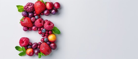  Five fruits arranged into the shape of the number, with leaves and berries accentuating each segment on a pristine white background