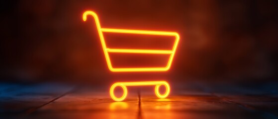  A neon shopping cart sits on a tiled floor, its background a blend of blue and orange