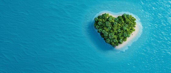  A heart-shaped island, nestled in a body of water, bears a central grove of heart-formed tree clusters