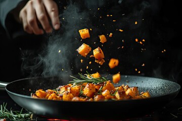 Professional chef hand in black uniform throws up frying mix of squash and rosemary above the pan on dark background --ar 3:2 --v 6.1 Job ID: 0a302629-ad26-4e97-bf8e-78a2aaf70bb1