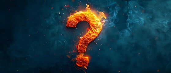  A question mark ablaze against a dark blue backdrop, surrounded by yellow and orange flames and billowing smoke