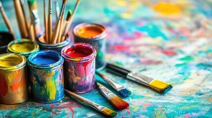 Fototapeta premium Open paint cans filled with vibrant colors, accompanied by brushes, ready for creative projects, against a neutral background.