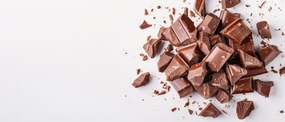 Fototapeta premium A stack of chocolate pieces atop a pristine white table, nearby, a mound of crumbs