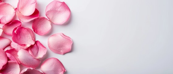 Fototapeta premium A pristine white backdrop showcases a mound of pink rose petals, ideal for accommodating text or an image on a card