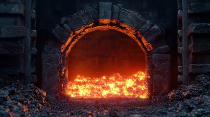 Blazing Furnace with Molten Fire at Night under a Stone Arch