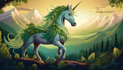 Earth Unicorn- A unicorn with a leafy, vine-like mane and tail, embodying the element of earth, set against a backdrop of mountains, forests, or fields © FCEalin 