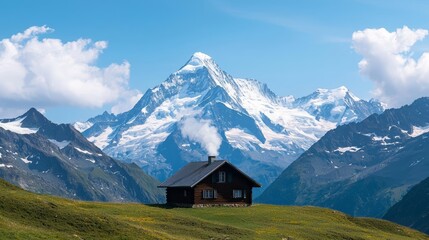 A mountain cabin surrounded by snow-capped peaks, with smoke rising from the chimney