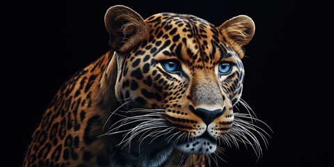 Obraz premium Photo of a leopard isolated against a black background, emphasising the leopard's majestic features. Wildlife and conservation concept, space for copy.