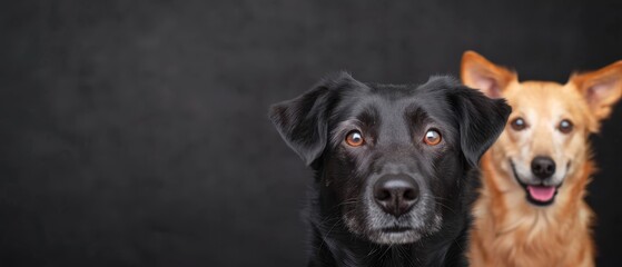 Obraz premium A tight shot of two dogs One faces the camera, making eye contact, while the other gazes at it against a black backdrop