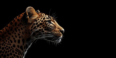 Fototapeta premium Photo of a leopard isolated against a black background, emphasising the leopard's majestic features. Wildlife and conservation concept, space for copy.