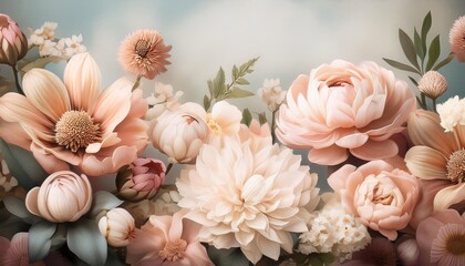 Beautiful floral composition blooming with pastel pink, peach, and cream colored flowers and green leaves