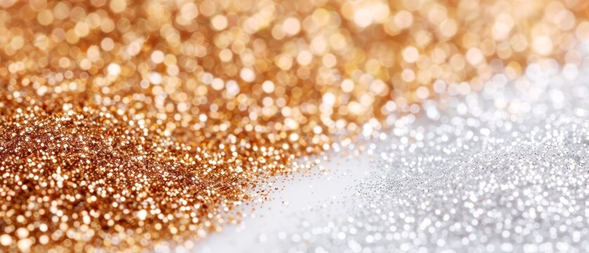 A heap of gold and silver gleams atop a pristine white backdrop The lower portion of the frame subtly portrays a hazy representation of golden and silver fle