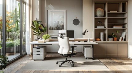 A modern remote work hub with an ergonomic chair, a sleek desk with organized storage solutions, soothing neutral colors, large windows letting in natural light, and minimalistic decor,