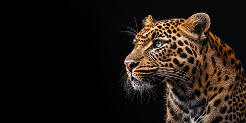 Obraz premium Photo of a leopard isolated against a black background, emphasising the leopard's majestic features. Wildlife and conservation concept, space for copy.