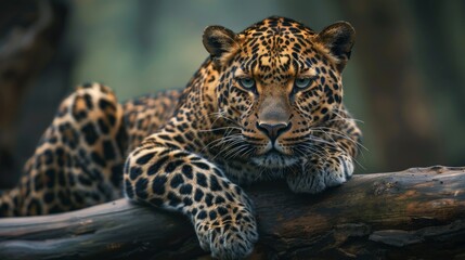 A close-up photo of a leopard resting on a log. The leopard's spotted coat is in sharp focus, and its gaze is alert. The image is perfect for illustrating the beauty and power of leopards