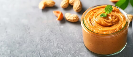 Fototapeta premium A jar of peanut butter atop the table, nearby are nuts and a single green leaf beside it