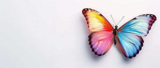  A multicolored butterfly atop a white surface, wings expanded, head slightly tilted