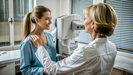 Fototapeta premium Female patient receiving eye examination from doctor in modern clinic