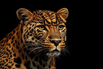 Fototapeta premium Photo of a leopard isolated against a black background, emphasising the leopard's majestic features. Wildlife and conservation concept, space for copy.