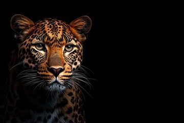 Photo of a leopard isolated against a black background, emphasising the leopard's majestic features. Wildlife and conservation concept, space for copy.