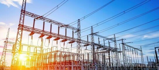 A large electric substation with a bright sunset in the background. Power lines and electrical equipment can be seen in the image.