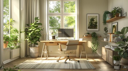 Fototapeta premium A serene home office setup for remote work, featuring an ergonomic chair, a modern desk with built-in storage, a calming color palette of soft greens and whites, large windows for natural light,