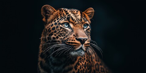 Fototapeta premium Photo of a leopard isolated against a black background, emphasising the leopard's majestic features. Wildlife and conservation concept, space for copy.
