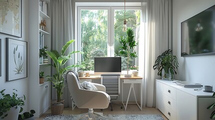 A serene home office setup for remote work, featuring an ergonomic chair, a modern desk with built-in storage, a calming color palette of soft greens and whites, large windows for natural light,