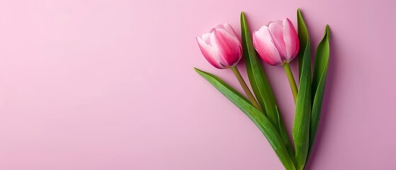 Obraz premium Three pink tulips with green stems against a pink background, arranged centrally with one green stem prominent in the foreground