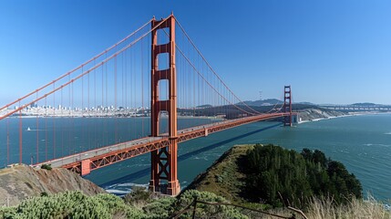 The Golden Gate Bridge against a clear blue sky, highlighting its distinctive orange color and the expansive view of the San Francisco Bay