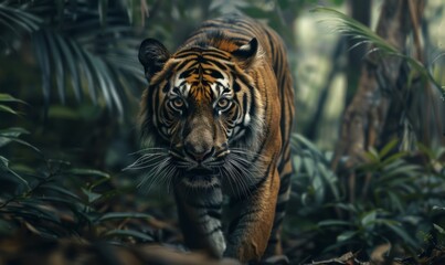 Fototapeta premium Powerful tiger prowling through dense jungle, fierce and majestic