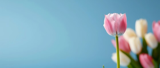  A photo featuring a collection of pink and white tulips against a blue sky background