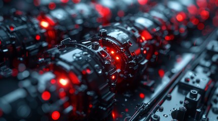 Close-up of red glowing machinery, futuristic technology, and high-tech engineering concept